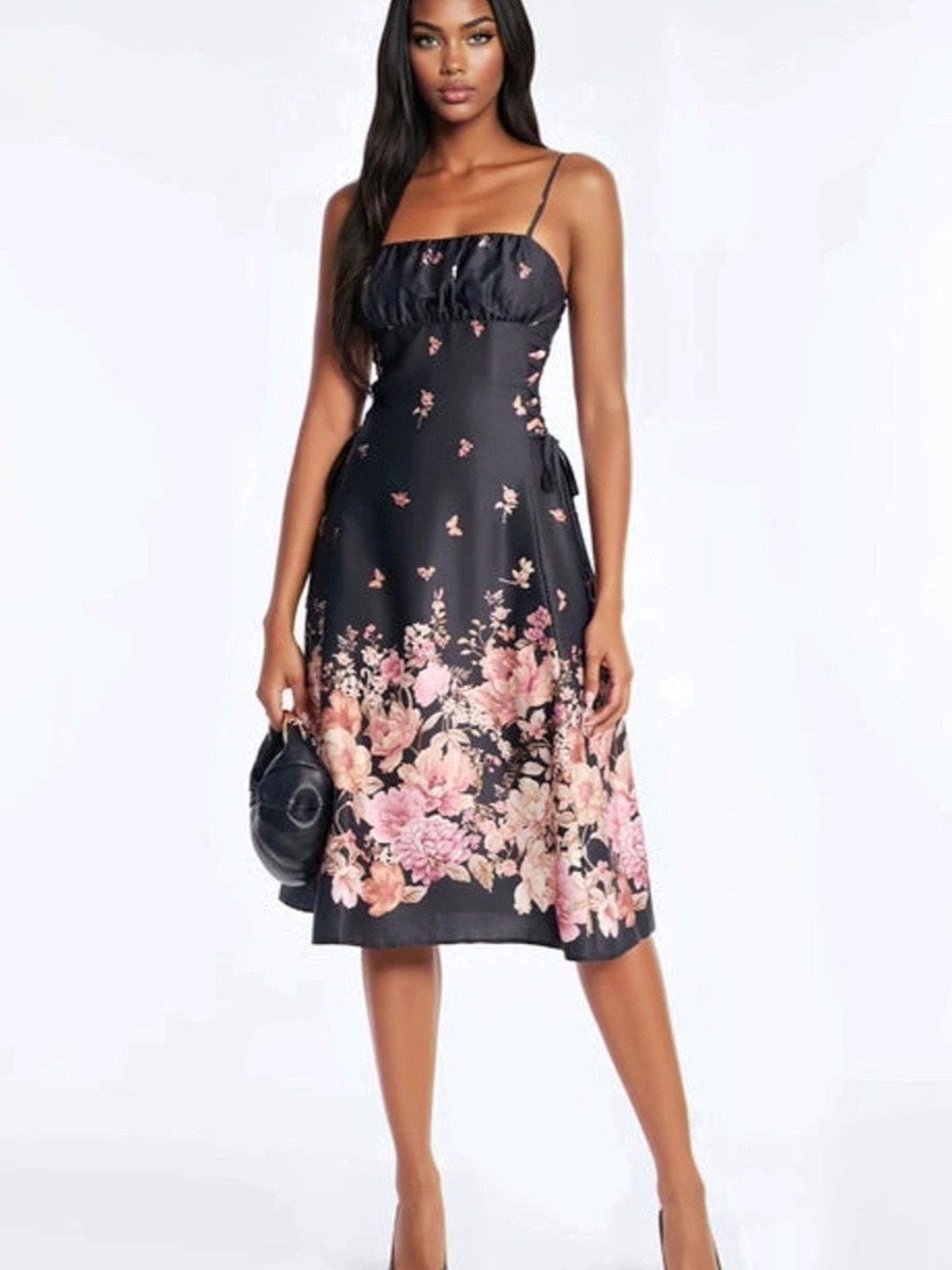 Fashion Nova Selena Floral Satin Midi Dress Floral Satin Midi Dress in Black &